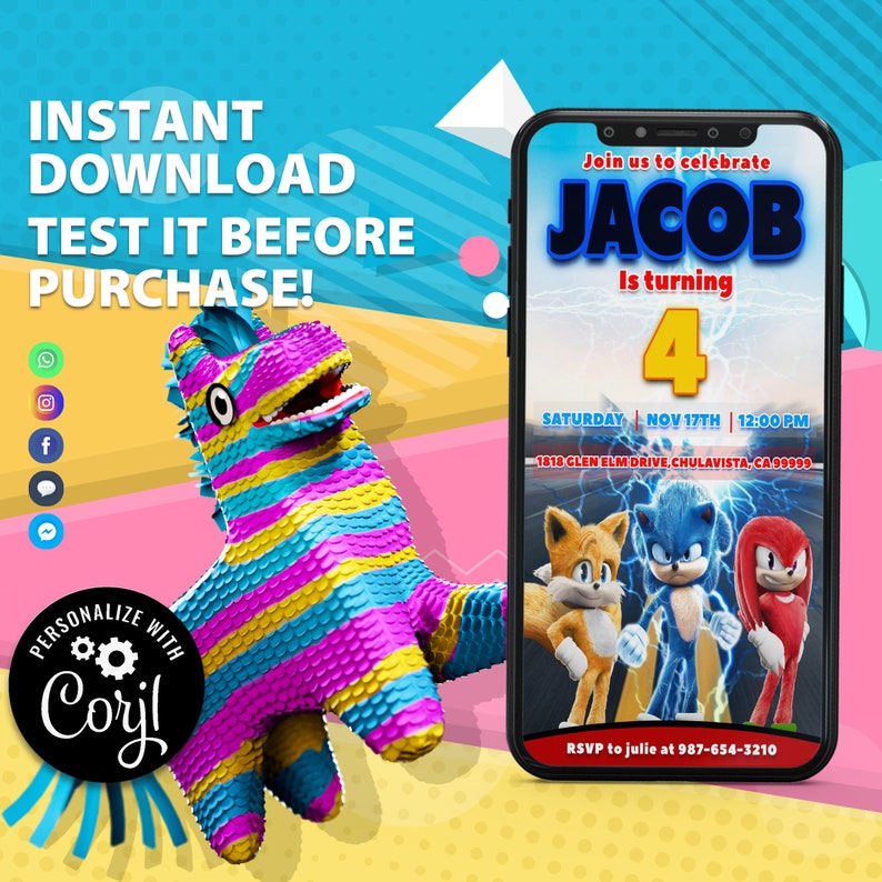 Sonic Birthday Invitation Mobile Instant Invitation Digital Invite Text SMS Invitation Editable Evite Download Template Corjl
