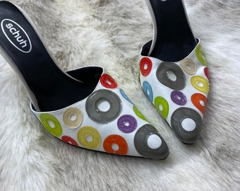 Fruit Loop Colourful Heels, Jelly Sweet Circle Rings Eccentric Design White Open Back Schuh, Size 38