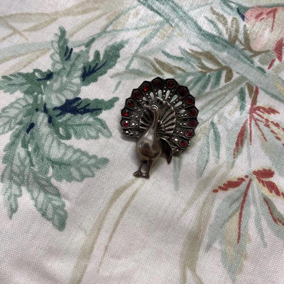 Vintage Solid Silver Peacock Brooch Ruby Garnet M… - image 8