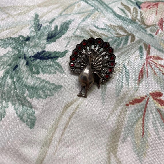 Vintage Solid Silver Peacock Brooch Ruby Garnet M… - image 9