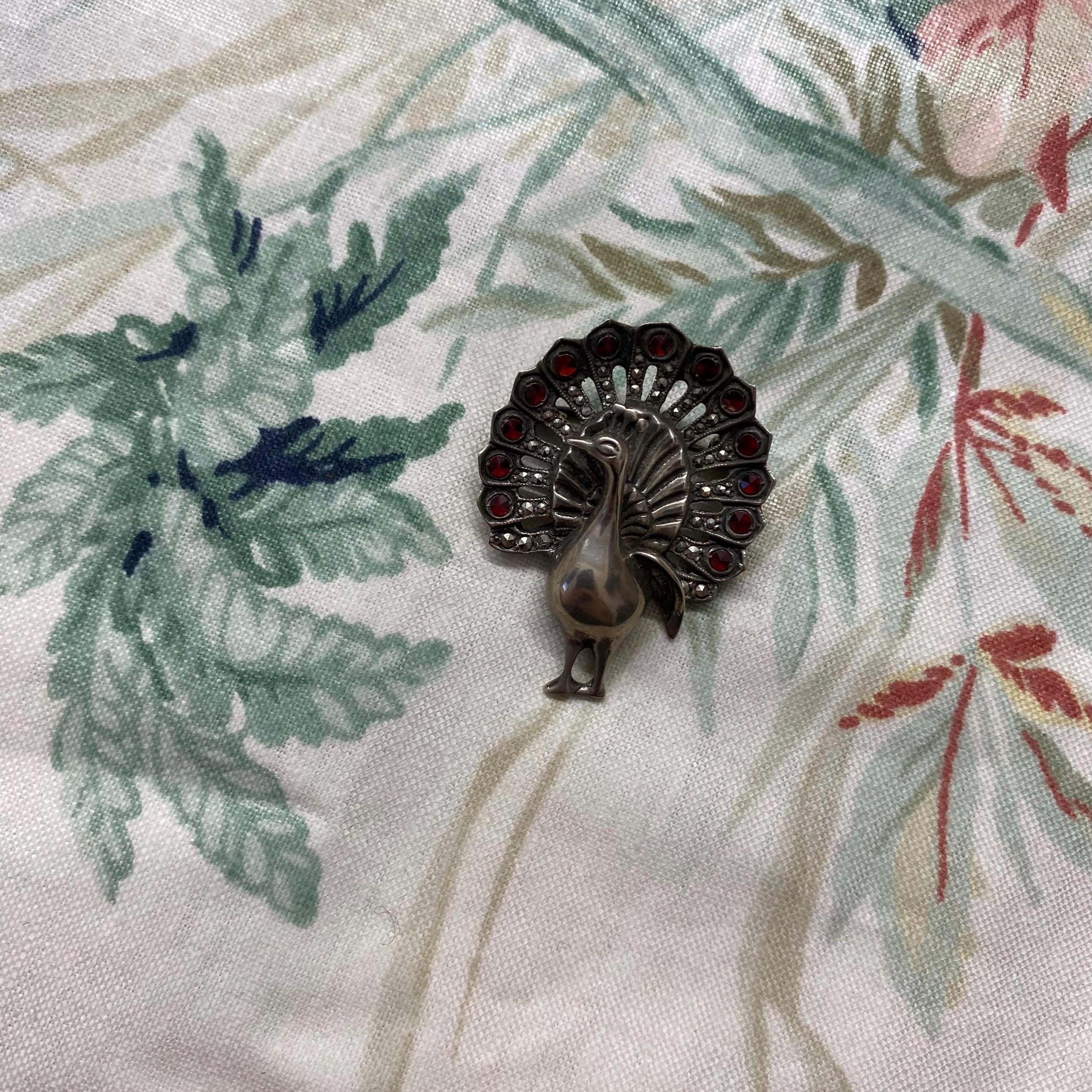 Broche Ancienne En Argent émaillé Avec Marcassites - Motif Paon De Paradis - Occasion