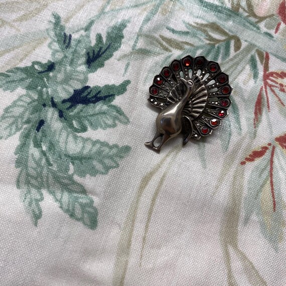 Vintage Solid Silver Peacock Brooch Ruby Garnet M… - image 6