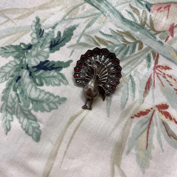 Vintage Solid Silver Peacock Brooch Ruby Garnet M… - image 1
