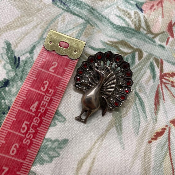Vintage Solid Silver Peacock Brooch Ruby Garnet M… - image 4
