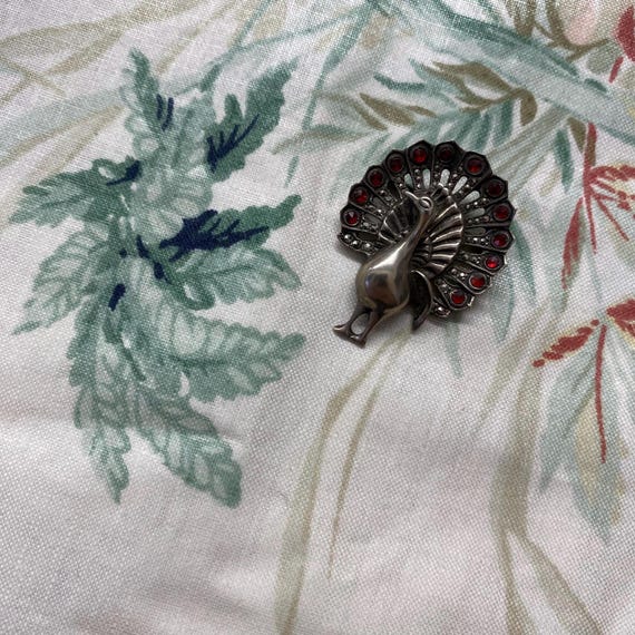 Vintage Solid Silver Peacock Brooch Ruby Garnet M… - image 7