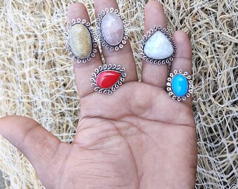 Moonstone & Mix Gemstone Rings, Brass Ring, 925 Silver Plated Ring, Wholesale Lot, Designer Jewelry, Party Wear Jewelry, Gift For Women