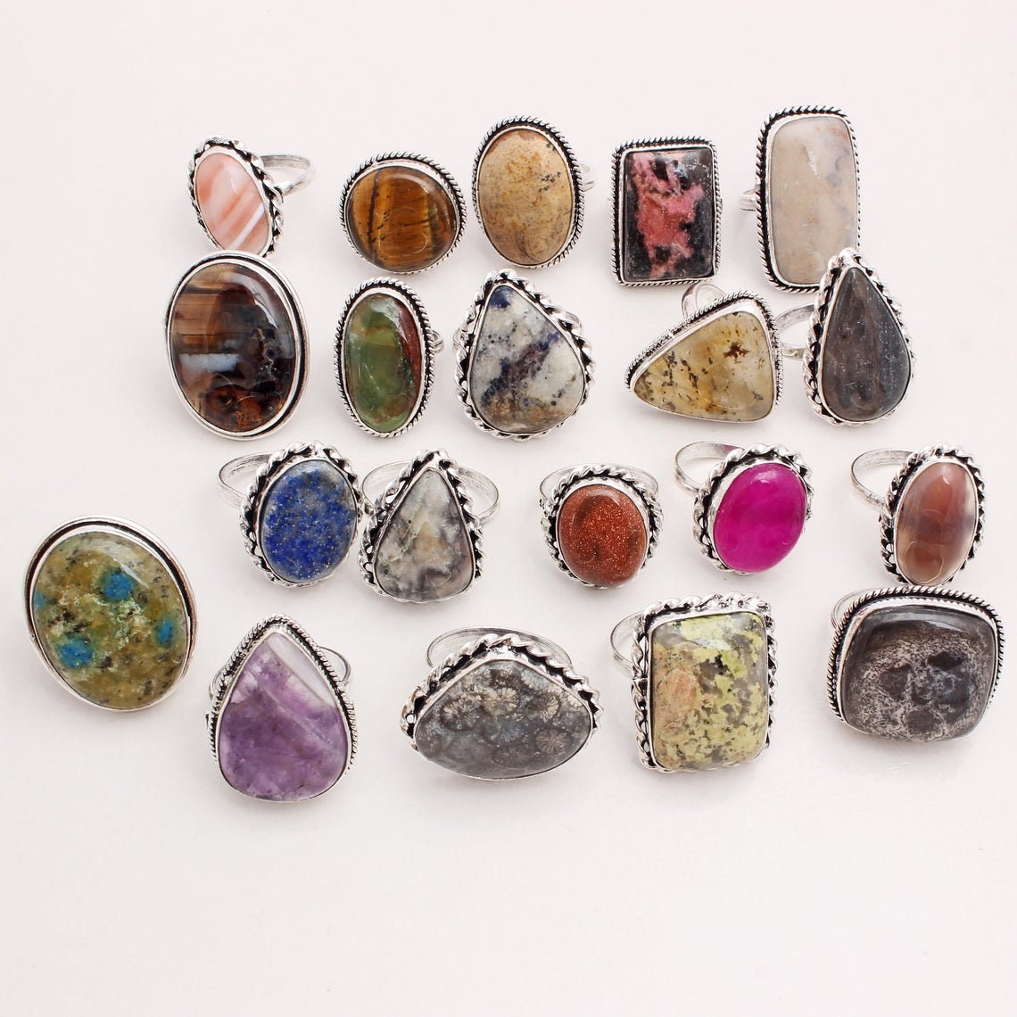 100 Pcs Lot of Multi Gemstone Ring Mix Shape and Size Silver Plated ...