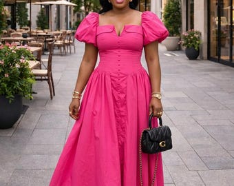 Puff Sleeve Cotton Midi Dress, Vintage Inspired Cottagecore Dress