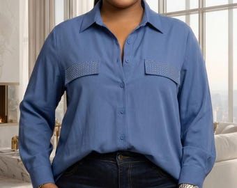 Blue Studded Button-Down Blouse | Long Sleeve Collared Shirt, Plus Size Chic Top