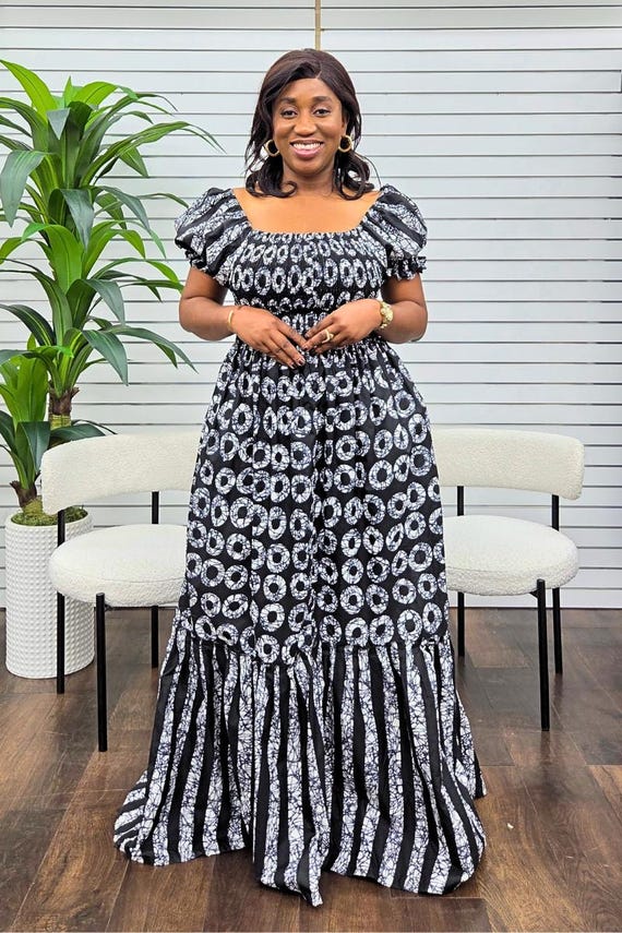 Elegant Black & White Monochrome Ankara African Print Maxi Dress