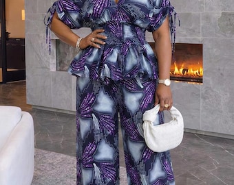 Ara Ankara Top & Pant Set, African Print Two Piece Set, Peplum Top and Wide Leg Pants, Ankara Matching Set for Women