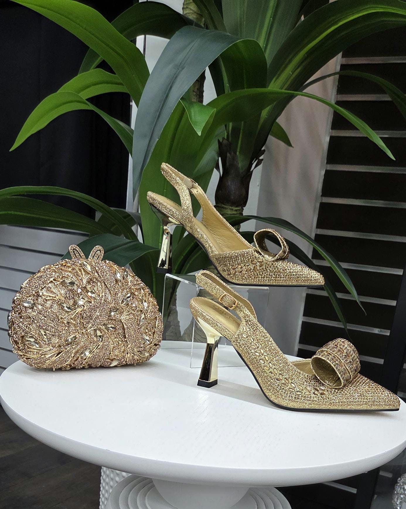 Gold Rhinestone Heels & Clutch Set