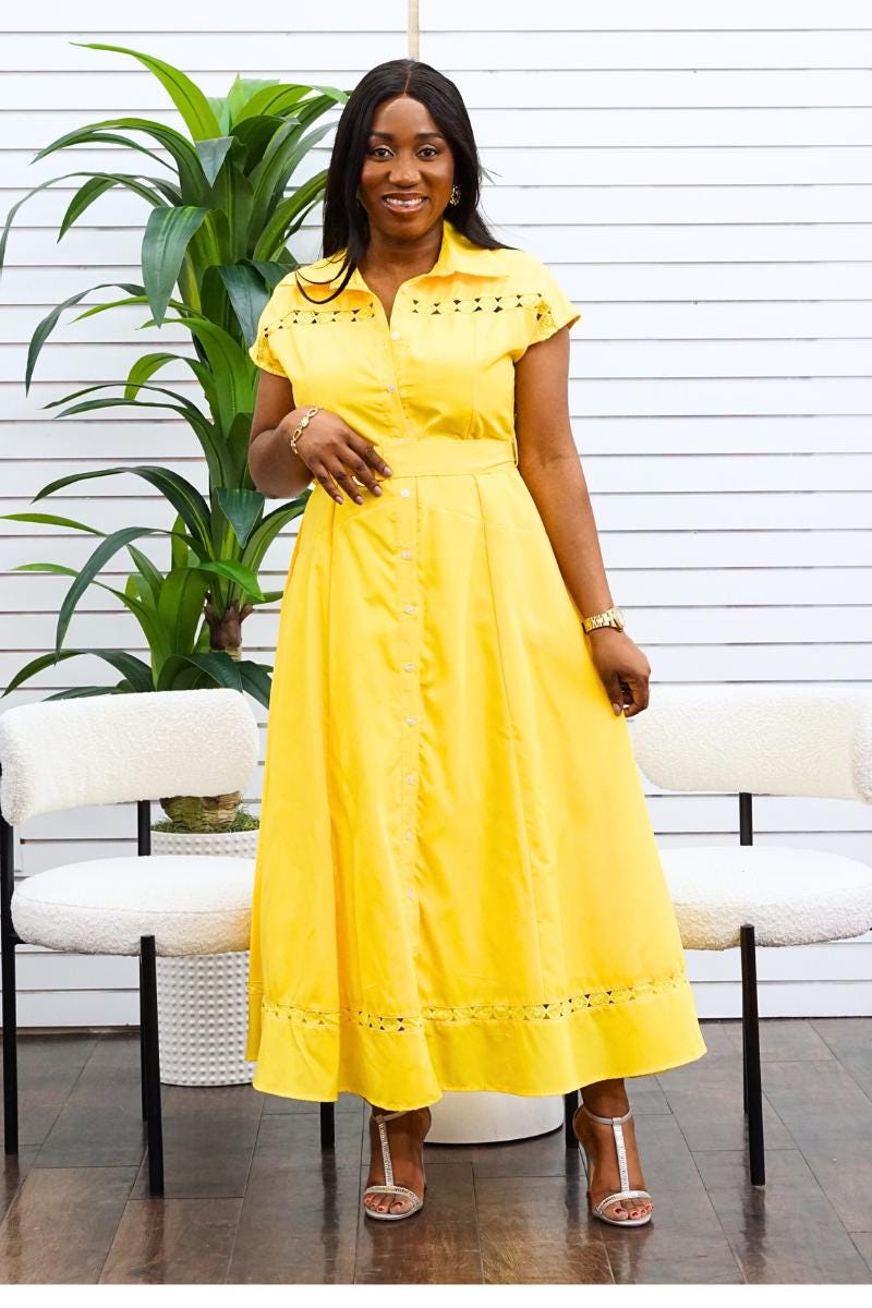 Yellow Cotton Maxi Shirt Dress: Belted Summer Dress With Lace