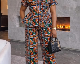 African Print Peplum Pants Set for Women, Ankara Two Piece Outfit, Wide Leg Trouser Set, Cotton Matching Set