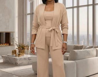 Conjunto de malha Nora de 3 peças - Bege