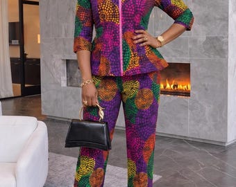 Ankara Peplum Top & Pants Set, African Print Women's Suit, Colorful Wax Print Outfit, African Clothing, Elegant Matching Trouser Set