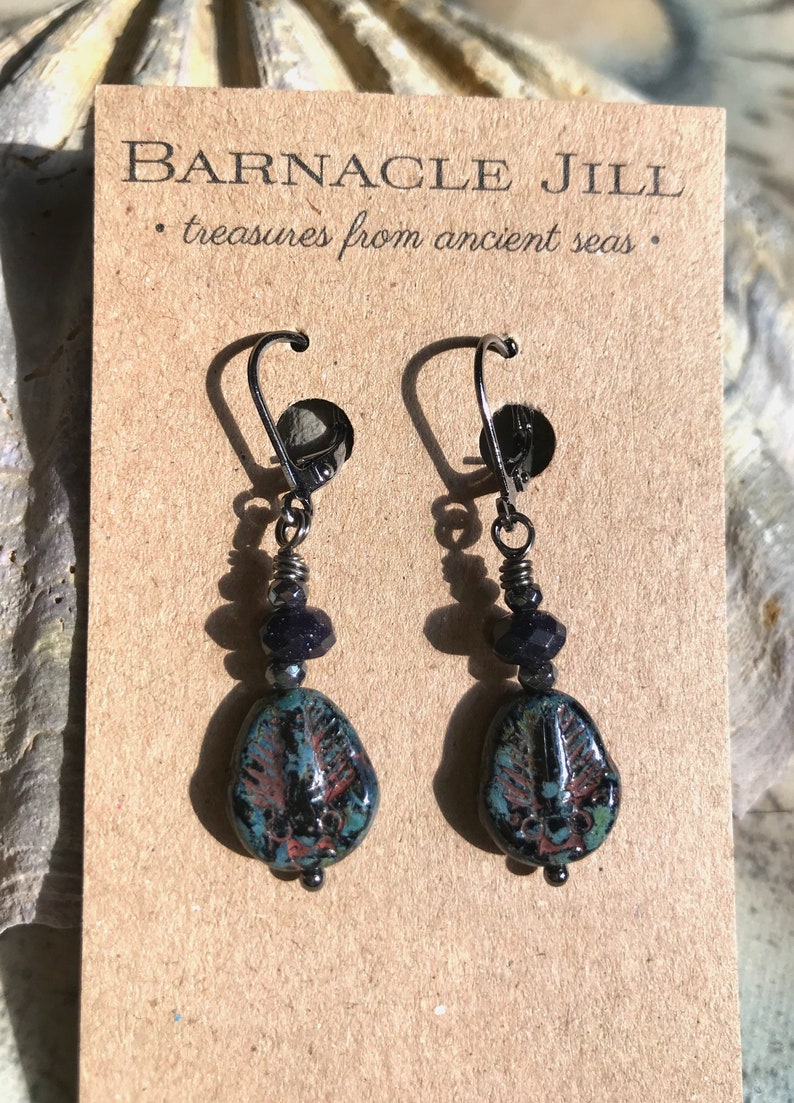 Barnacle Dangle Trilobite Drop Earrings/fossil/czech Glass Picasso Finish/deep Navy ...