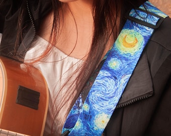Starry Night Guitar Strap, Van Gogh Guitar Strap, Handmade Acoustic Strap, Bass Guitar Strap, Electric Guitar Accessory, Guitar Player Gift