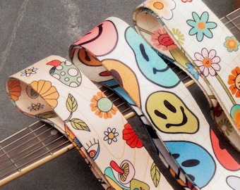 Correia de guitarra Groove Trip, Correia de guitarra Smiley Face, Correia de guitarra psicodélica e psicodélica, Correia de guitarra elétrica Flower, Presente para amantes da música