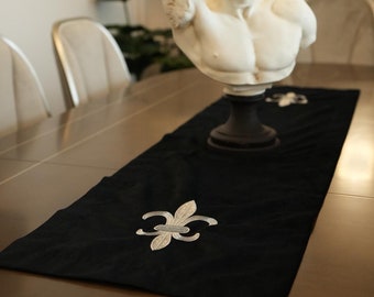Handmade Velvet Table Runner | Embroidered Fleur De Lis | French Country Home Decor