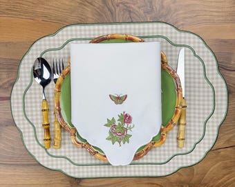 Plaid Scalloped Placemat Handmade | Embroidered Table Decor | Greenery Gift