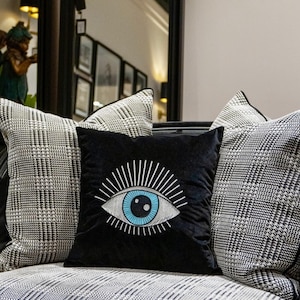 Evil Eye Pillow Cover | Embroidered Pillow Cover | Handmade Cushion Cover | Evil Eye Throw Pillow Cover | Velvet Throw Pillow Cover