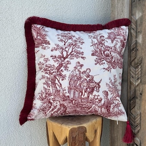 Toile De Jouy Pillow Cover | French Country Throw Pillow Cover | Red Toile Cushion Cover | Tasseled Pillowcase | Vintage Pillow Cover Set