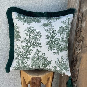 Toile De Jouy Pillow Cover | French Country Throw Pillow Cover | Greenery Cushion Cover | Tasseled Pillowcase | Vintage Pillow Cover | Toile