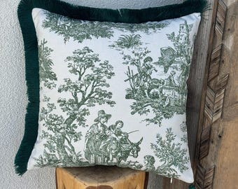 Toile De Jouy Pillow Cover | Green Tasseled French Country Cushion | Embroidered Throw Pillow