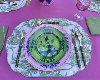 Embroidered Toile de Jouy Placemat | Scalloped Edge Green Table Mat | French Country Tablescape
