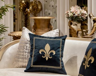 Fleur De Lis Velvet Pillow Cover | Gold Embroidered Cushion | Luxury Home Decor