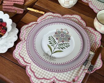 Embroidered Floral Placemat | Pink Beige Gingham Scalloped Round Table Mat | Dining Decor