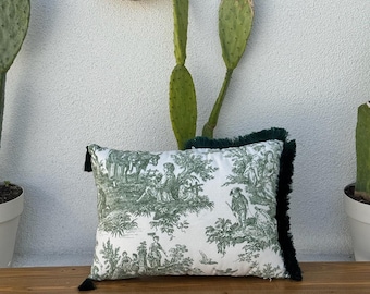 Toile De Jouy Pillow Cover | Green Tasseled Lumbar Cushion | French Country Throw Pillow