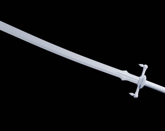 May include: A white metal sword with a long, straight blade and a decorative hilt. The sword is isolated against a black background.