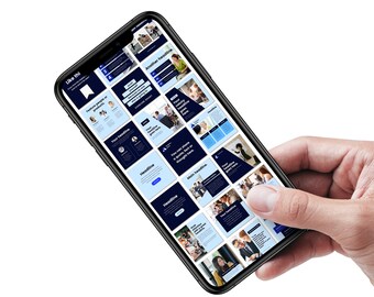 May include: A smartphone displaying a grid of social media post templates. The templates are blue and black with text that says "Your headline" and "Another headline".