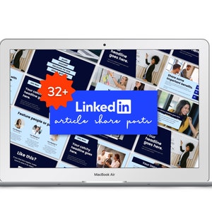 May include: A laptop screen displaying a presentation with 32+ LinkedIn article share posts. The presentation has a blue and white color scheme and features images of people and text. The text includes the words "LinkedIn article share posts" and "Your catchy headline goes here."