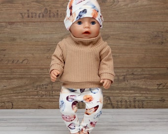 Puppenkleidung Puppen Mädchen Set Pullover mit Leggings und Mütze für Puppen Gr. 30-43cm beige Federn