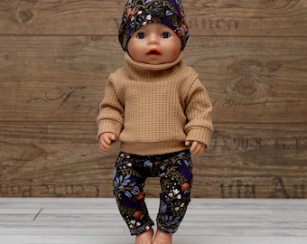 Puppenkleidung Puppen Mädchen Set Pullover mit Leggings und Mütze für Puppen Gr. 30-43cm Blumen karamell