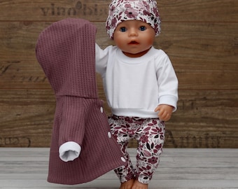 Puppenkleidung Set für Puppen Gr.30 - 43cm Mädchen Jacke, Leggings und Mütze Waffeljersey antik pink