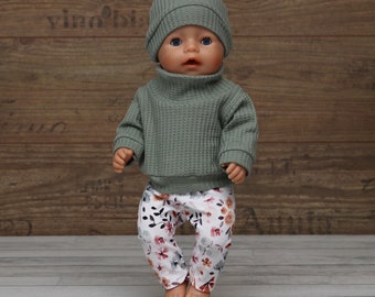 Puppenkleidung Puppen Mädchen Set Pullover mit Leggings und Mütze für Puppen Gr. 30-43cm mint Blüten