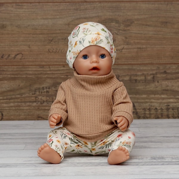 Puppenkleidung Puppen Mädchen Set Pullover mit Leggings und Mütze für Puppen Gr. 30-43cm beige blumen