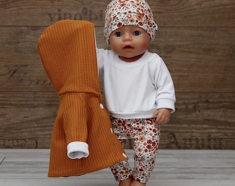 Puppenkleidung Set für Puppen Gr.30 - 43cm Mädchen Jacke, Leggings und Mütze Waffeljersey senfgelb