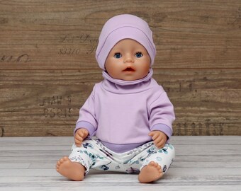 Puppenkleidung Puppen Mädchen Set Pullover mit Leggings und Mütze für Puppen Gr. 30-43cm Flieder