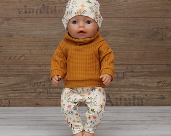 Puppenkleidung Puppen Mädchen Set Pullover mit Leggings und Mütze für Puppen Gr. 30-43cm senfgelb Blumen