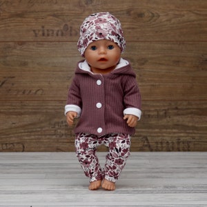 Puppenkleidung Set für Puppen Gr.30 43cm Mädchen Jacke, Leggings und Mütze Waffeljersey antik pink Bild 2