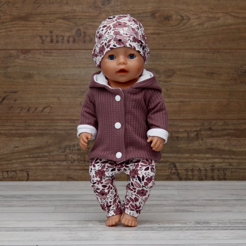 Puppenkleidung Set für Puppen Gr.30 43cm Mädchen Jacke, Leggings und Mütze Waffeljersey antik pink Bild 2