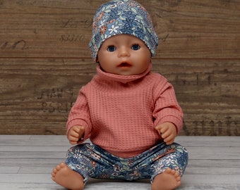 Puppenkleidung Puppen Mädchen Set Pullover mit Leggings und Mütze für Puppen Gr. 30-43cm Koralle Blüten blau