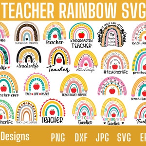 Pacote Professor Rainbow svg, professor arco-íris png SVG, Professor Life svg, Boho Rainbow Svg, Professor de jardim de infância Svg Cutfiles para cricut