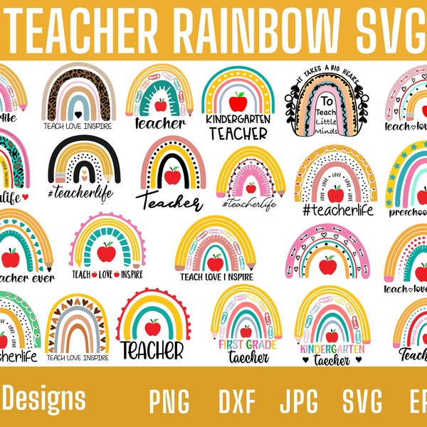 Teacher Rainbow svg bundle, teacher rainbow png SVG, Teacher Life svg, Boho Rainbow Svg, Kindergarten Teacher Svg Cutfiles for cricut