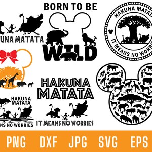 May include: Black and white digital design featuring the phrase "Hakuna Matata" with a Mickey Mouse silhouette filled with various animals. The phrase "It means no worries" is also included.
